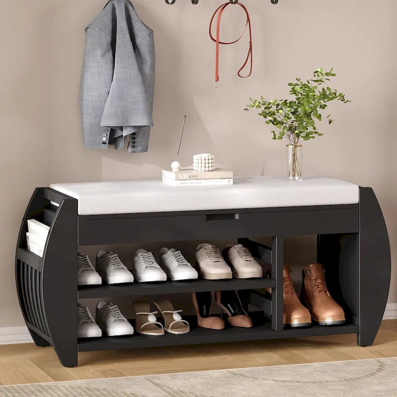Storage Bench with Cushion and Curved Side Panels