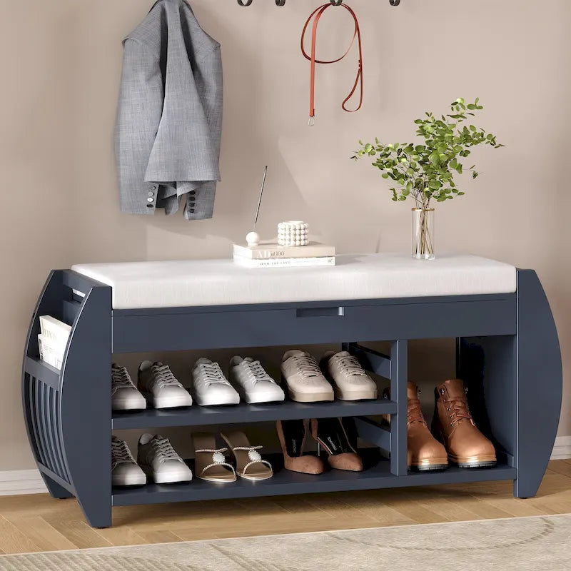 Storage Bench with Cushion and Curved Side Panels