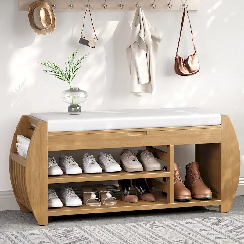 Storage Bench with Cushion and Curved Side Panels