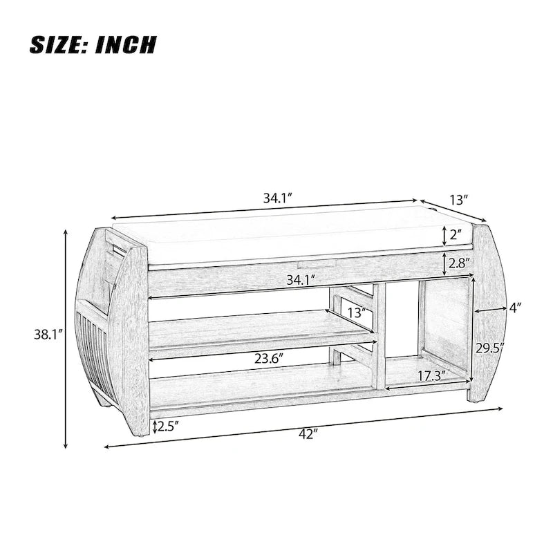 Storage Bench with Cushion and Curved Side Panels