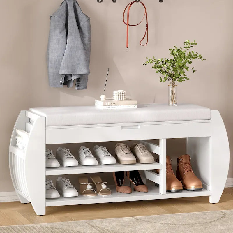 Storage Bench with Cushion and Curved Side Panels