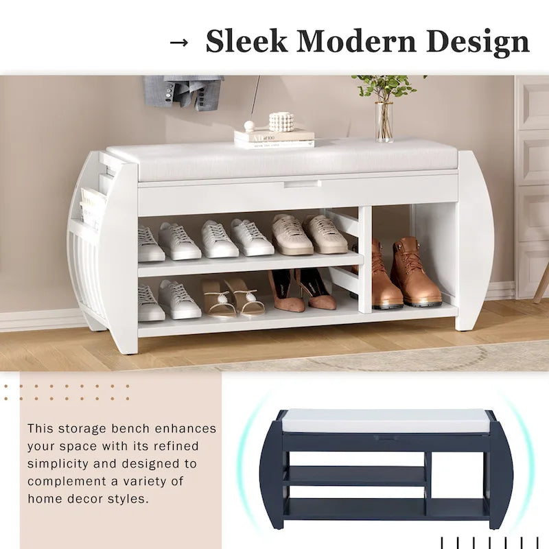 Storage Bench with Cushion and Curved Side Panels