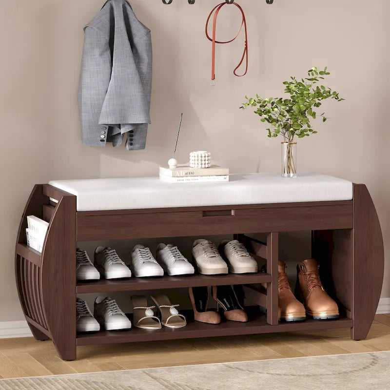 Storage Bench with Cushion and Curved Side Panels