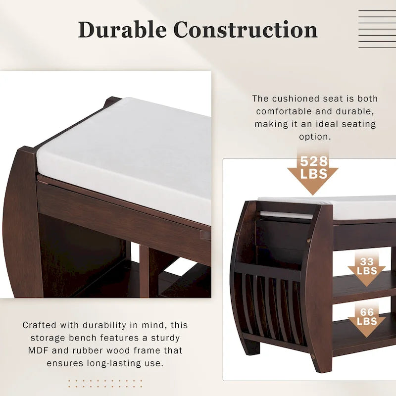 Storage Bench with Cushion and Curved Side Panels