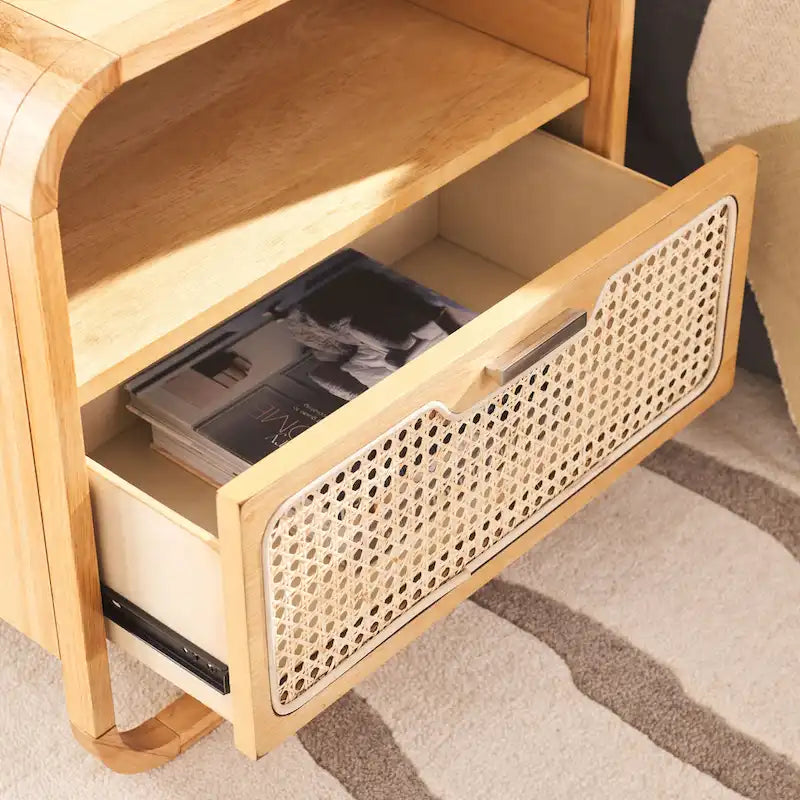 1-Drawer Nightstand with Rattan Panel and Open Shelf