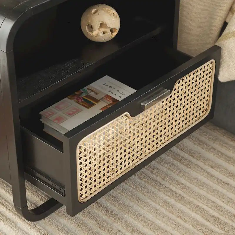 1-Drawer Nightstand with Rattan Panel and Open Shelf