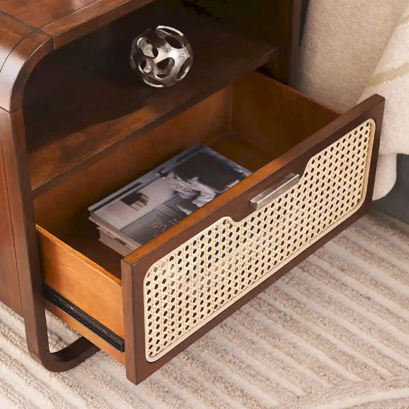 1-Drawer Nightstand with Rattan Panel and Open Shelf