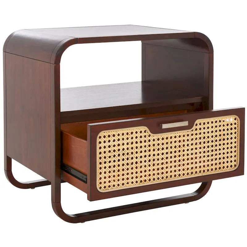 1-Drawer Nightstand with Rattan Panel and Open Shelf