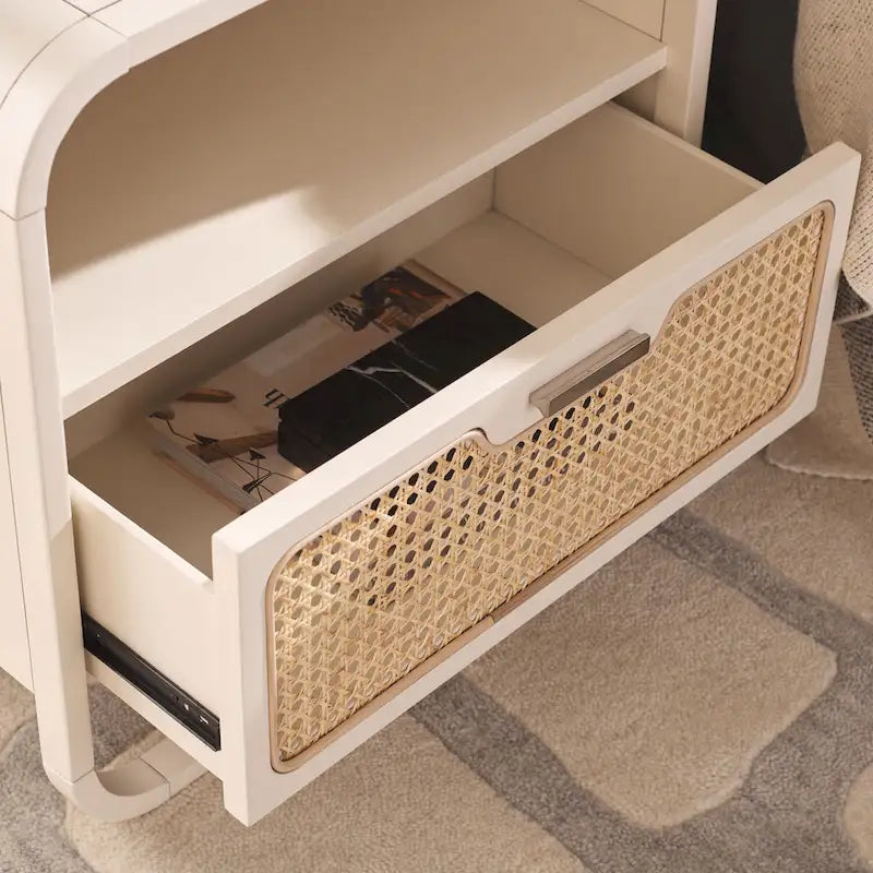 1-Drawer Nightstand with Rattan Panel and Open Shelf