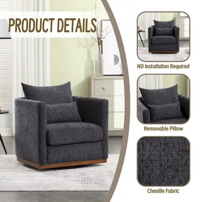 Chenille Swivel Barrel Chair with Metal Base
