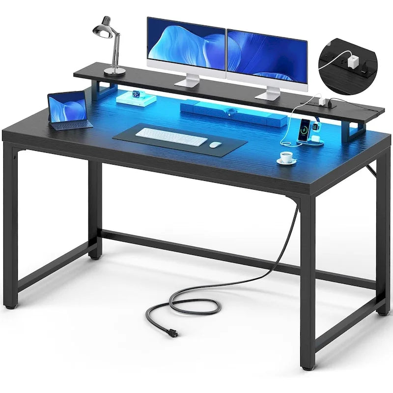 55-Inch Computer Desk with Power Outlets and LED Strip