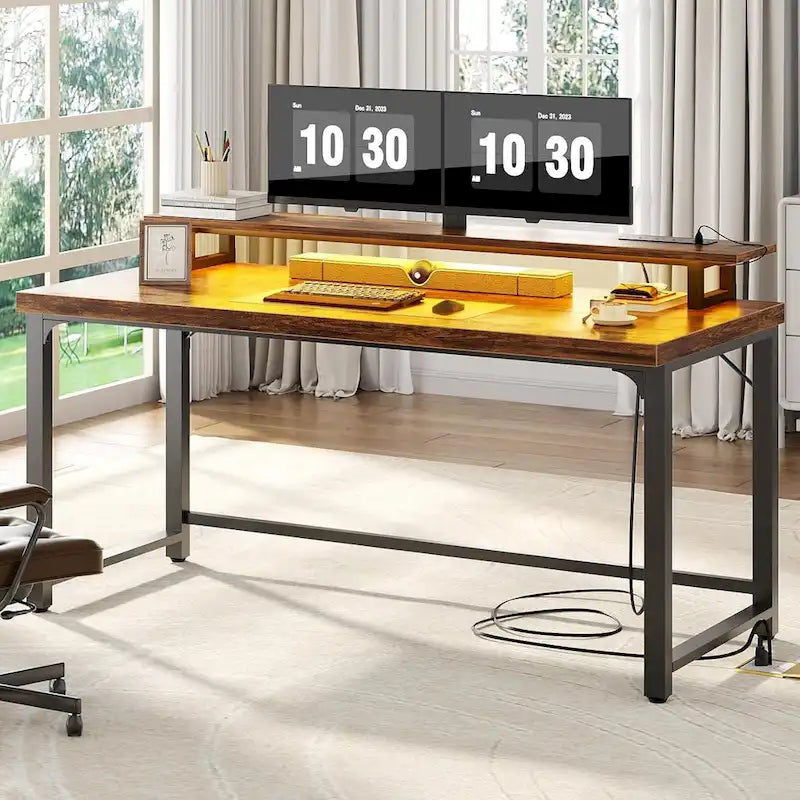 55-Inch Computer Desk with Power Outlets and LED Strip