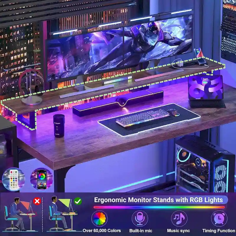Bureau d’ordinateur de 55 pouces avec prises électriques et bande LED