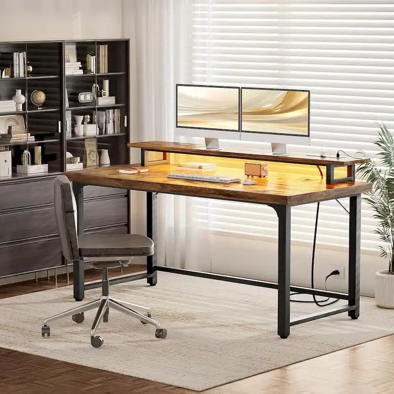 55-Inch Computer Desk with Power Outlets and LED Strip