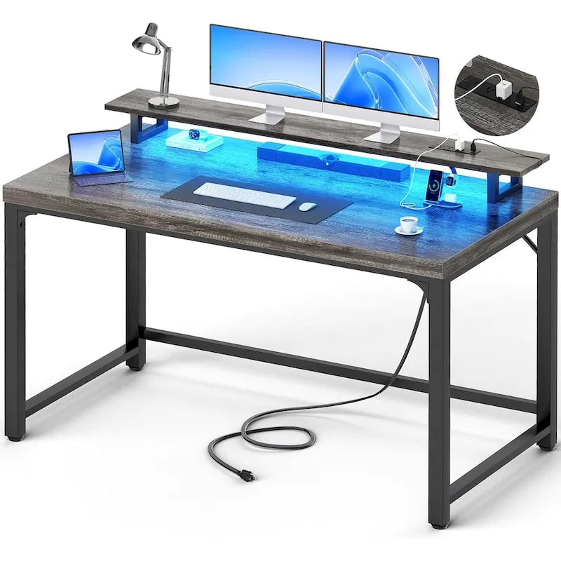 Bureau d’ordinateur de 55 pouces avec prises électriques et bande LED