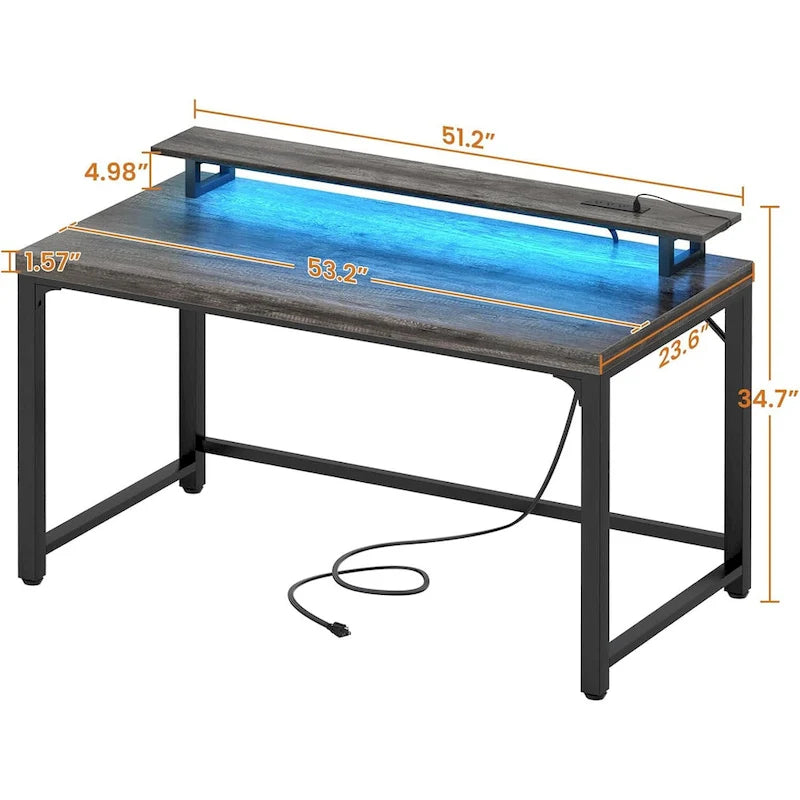 Bureau d’ordinateur de 55 pouces avec prises électriques et bande LED