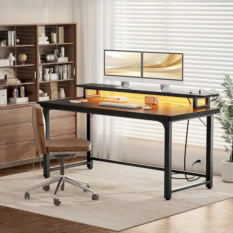 Bureau d’ordinateur de 55 pouces avec prises électriques et bande LED
