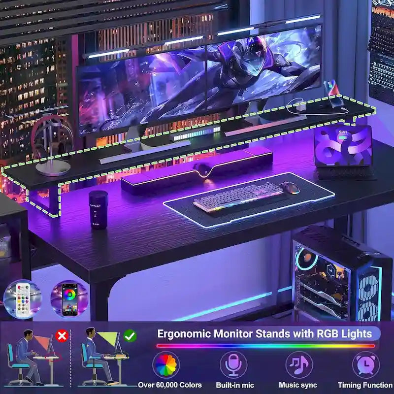 Bureau d’ordinateur de 55 pouces avec prises électriques et bande LED