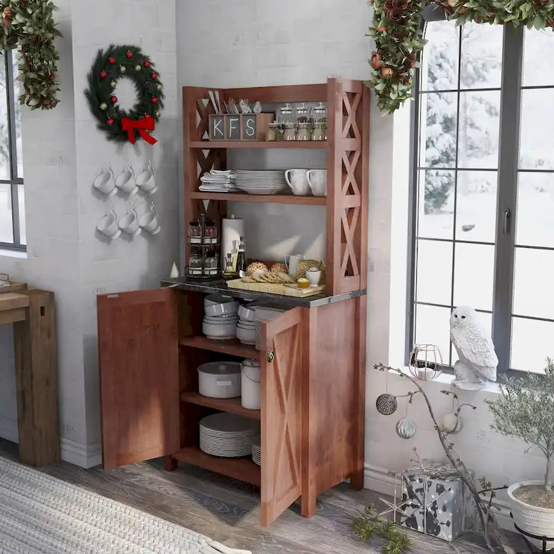 Rustic Walnut Wood Multi-Storage Hutch