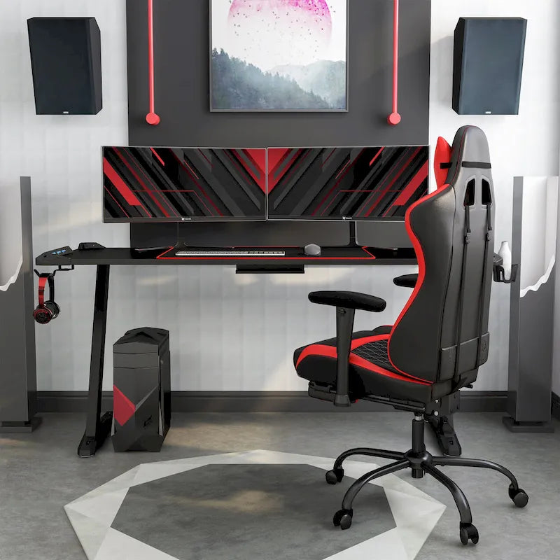 67-inch Black Steel Gaming Desk with LED Lights and USB Ports