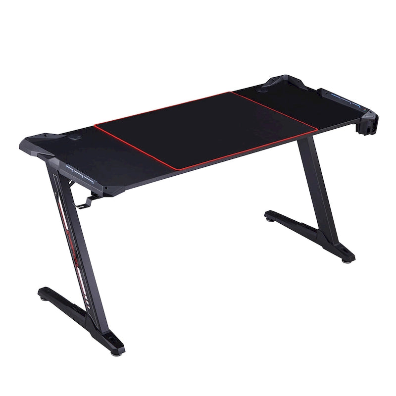 67-inch Black Steel Gaming Desk with LED Lights and USB Ports