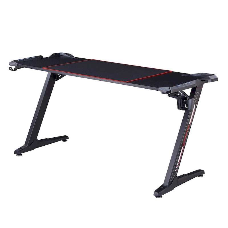 67-inch Black Steel Gaming Desk with LED Lights and USB Ports