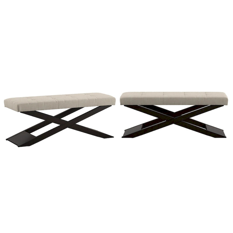 Beige Linen Wood X-Base Bench