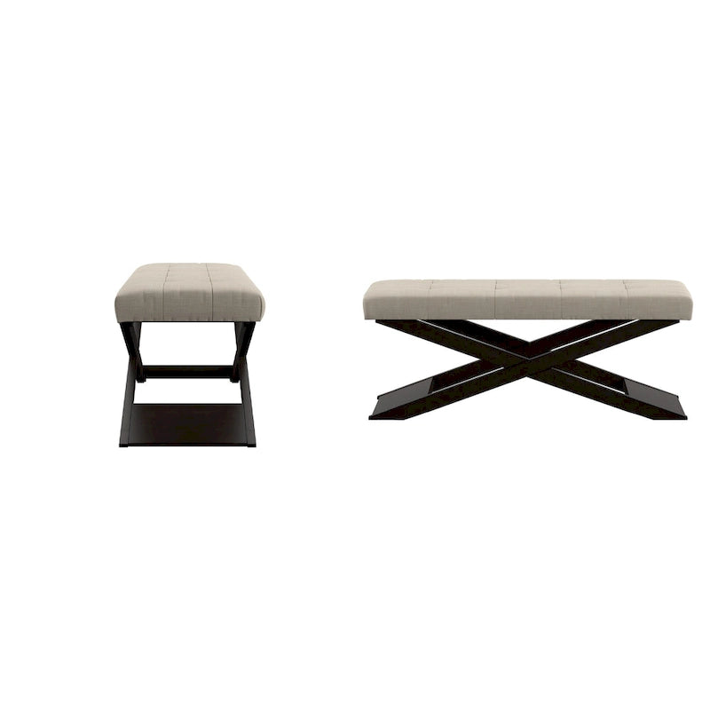 Beige Linen Wood X-Base Bench