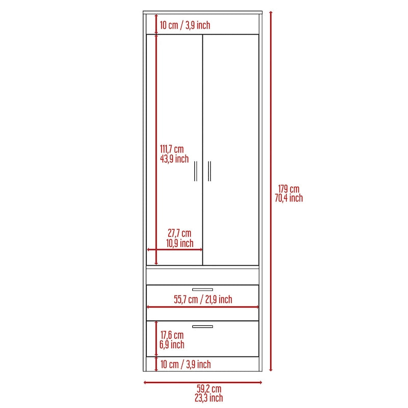 Lisboa Armoire with Double Doors, 2 Drawers and Hanging Rod