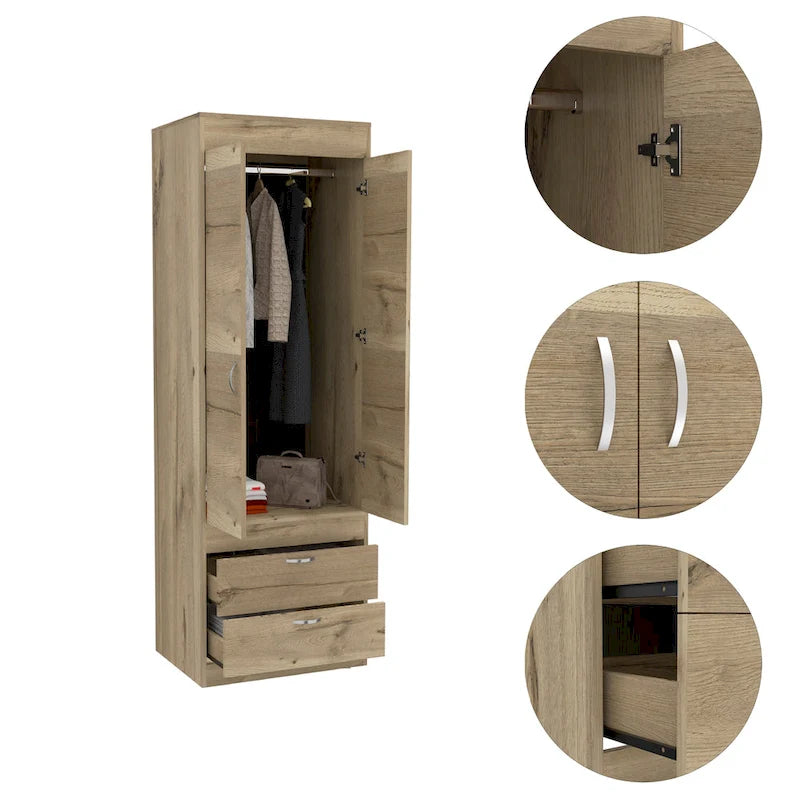 Lisboa Armoire with Double Doors, 2 Drawers and Hanging Rod