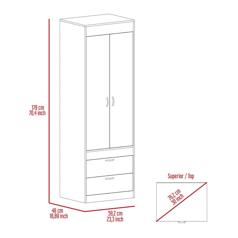 Lisboa Armoire with Double Doors, 2 Drawers and Hanging Rod