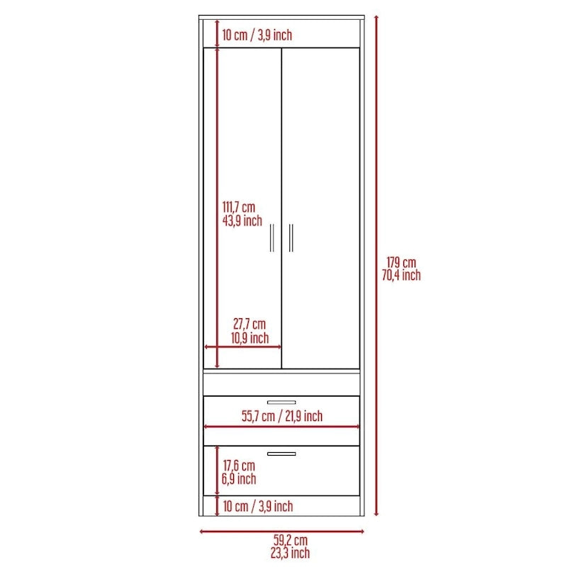 Lisboa Armoire with Double Doors, 2 Drawers and Hanging Rod