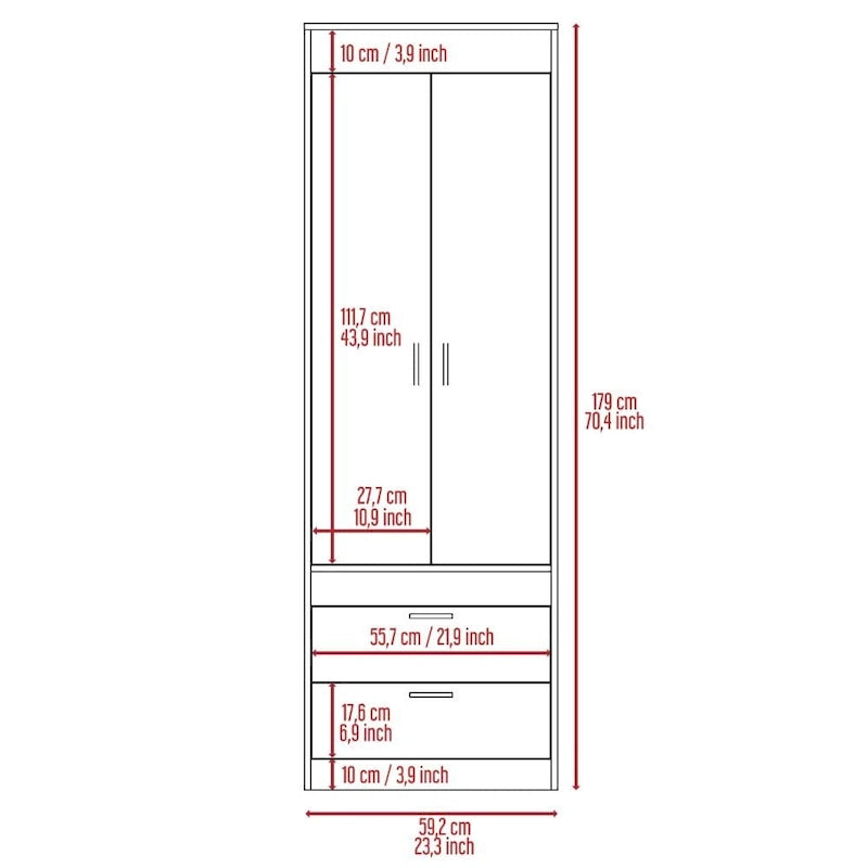 Lisboa Armoire with Double Doors, 2 Drawers and Hanging Rod