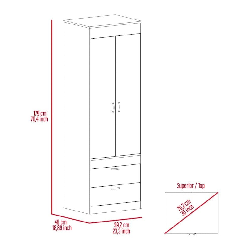 Lisboa Armoire with Double Doors, 2 Drawers and Hanging Rod