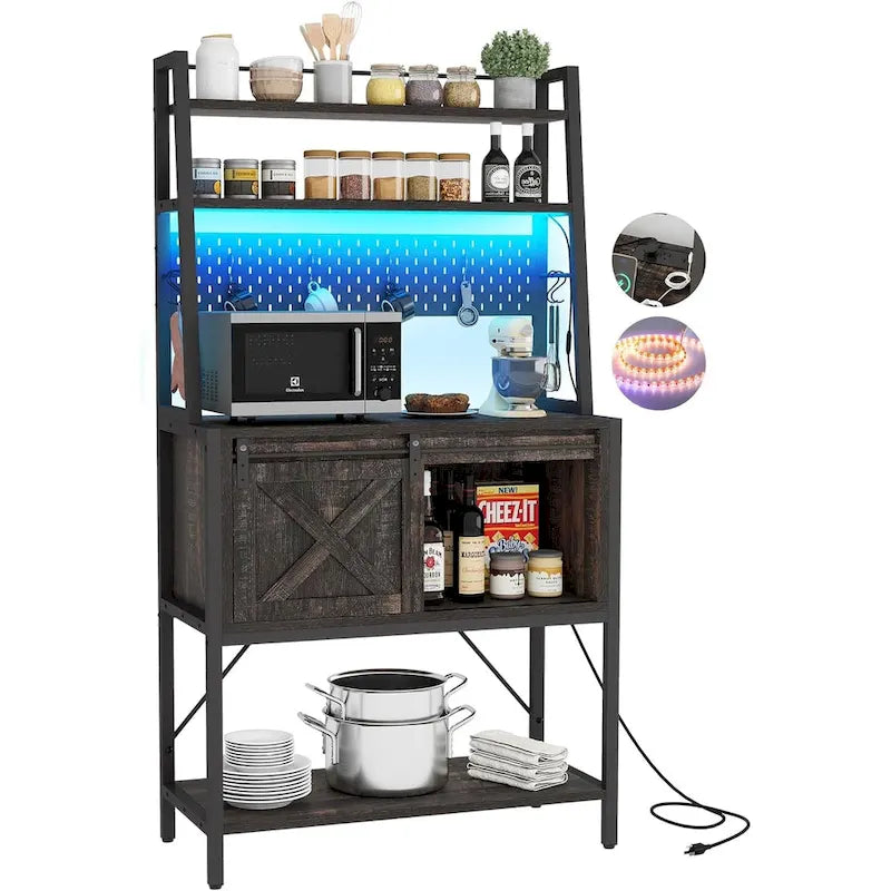 5-Tier Kitchen Bakers Rack with LED Light Strip, Sliding Cabinet Door, and Built-In Power Outlet