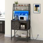 5-Tier Kitchen Bakers Rack with LED Light Strip, Sliding Cabinet Door, and Built-In Power Outlet