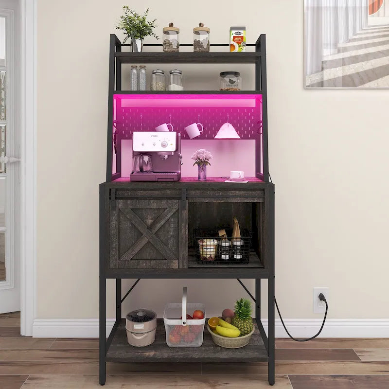 5-Tier Kitchen Bakers Rack with LED Light Strip, Sliding Cabinet Door, and Built-In Power Outlet
