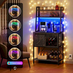 5-Tier Kitchen Bakers Rack with LED Light Strip, Sliding Cabinet Door, and Built-In Power Outlet