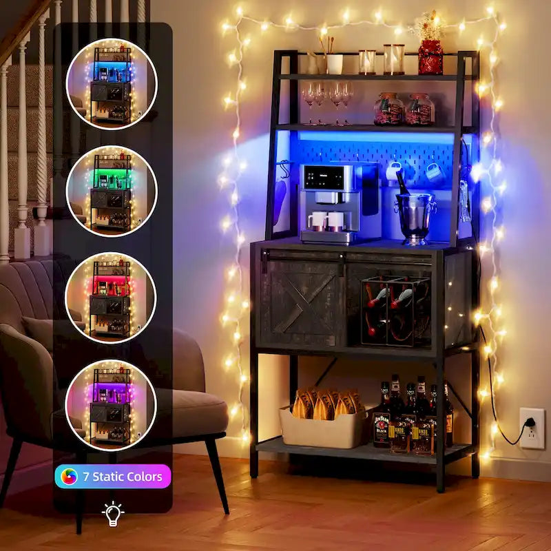 5-Tier Kitchen Bakers Rack with LED Light Strip, Sliding Cabinet Door, and Built-In Power Outlet