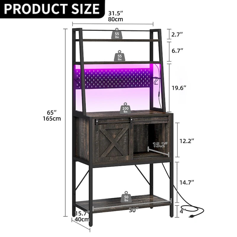 5-Tier Kitchen Bakers Rack with LED Light Strip, Sliding Cabinet Door, and Built-In Power Outlet