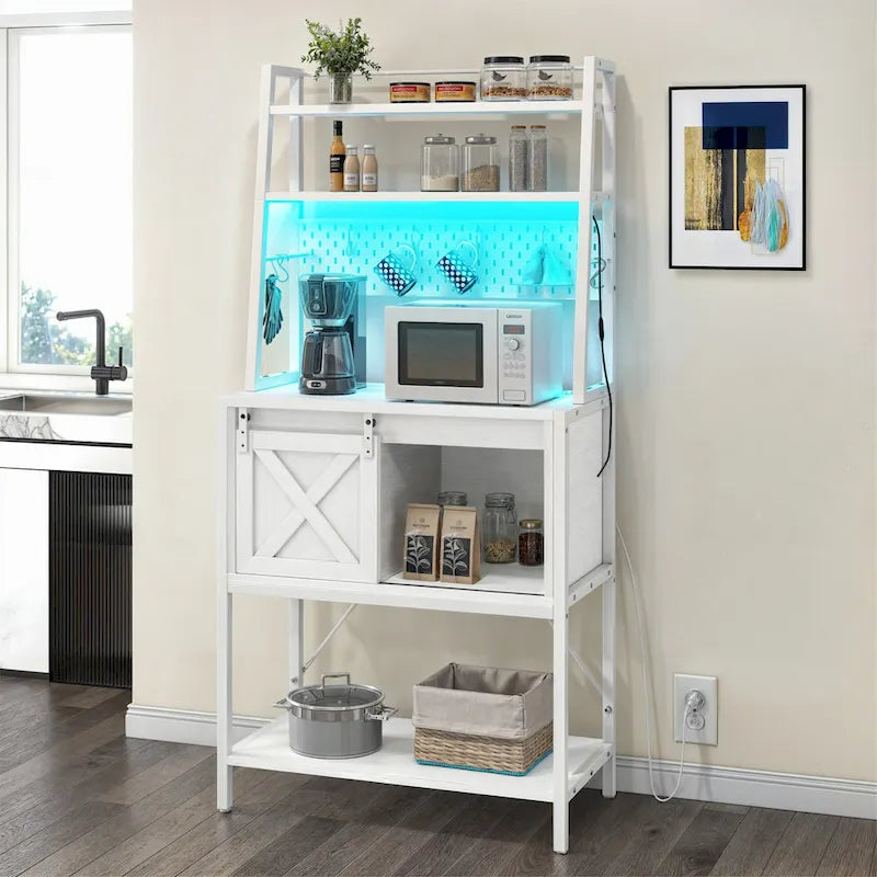 5-Tier Kitchen Bakers Rack with LED Light Strip, Sliding Cabinet Door, and Built-In Power Outlet