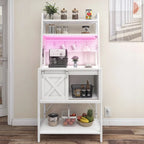5-Tier Kitchen Bakers Rack with LED Light Strip, Sliding Cabinet Door, and Built-In Power Outlet