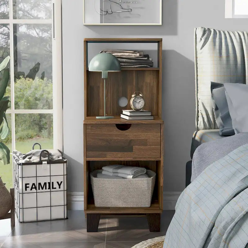 Compact 3-Shelf Single-Drawer Nightstand