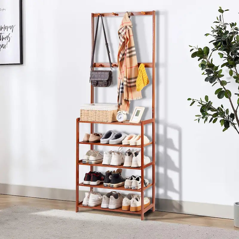 Bamboo Entryway Shoe Rack with Hooks