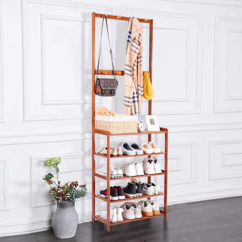 Bamboo Entryway Shoe Rack with Hooks