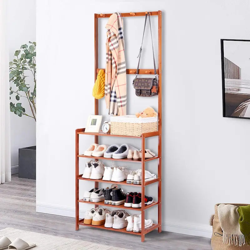 Bamboo Entryway Shoe Rack with Hooks