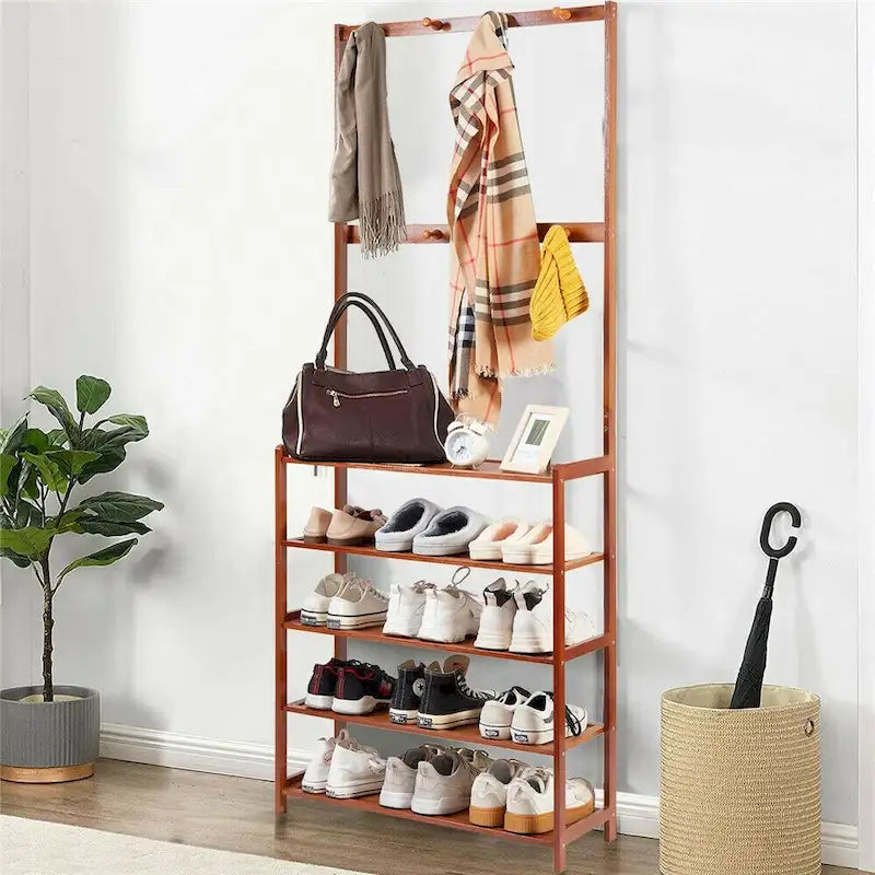 Bamboo Entryway Shoe Rack with Hooks