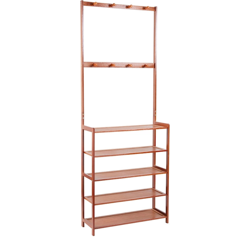 Bamboo Entryway Shoe Rack with Hooks