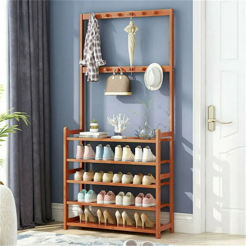 Bamboo Entryway Shoe Rack with Hooks