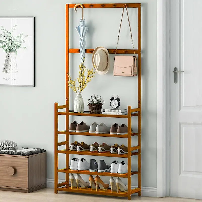 Bamboo Entryway Shoe Rack with Hooks